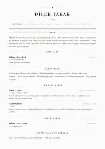 Eczacı CV Örnekleri cv indir